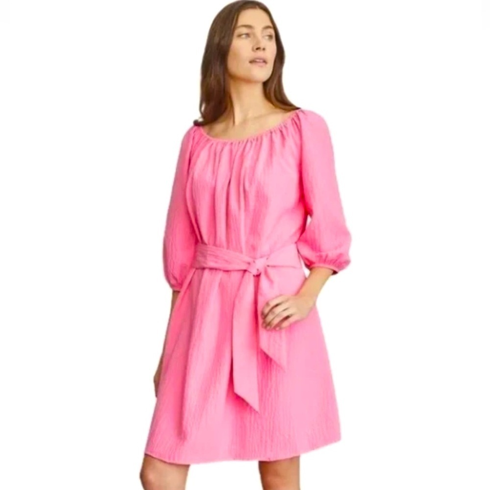 Elizabeth and James Pink Puff Sleeve Crepe Boho Peasant Dress Belted Size Large